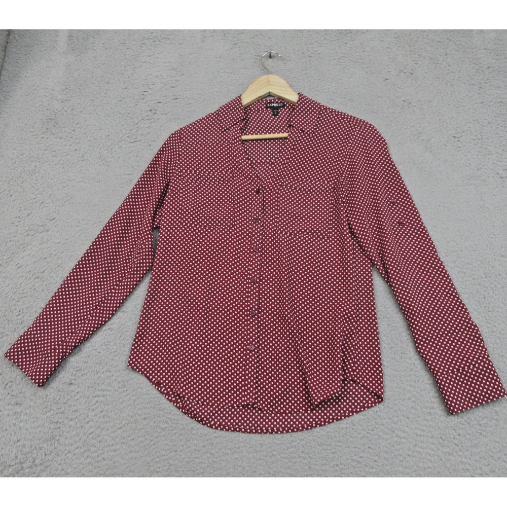 Express Polka Dot Shirt Womens XS Red Button Front‎ Roll Tab Sleeve Corpcore